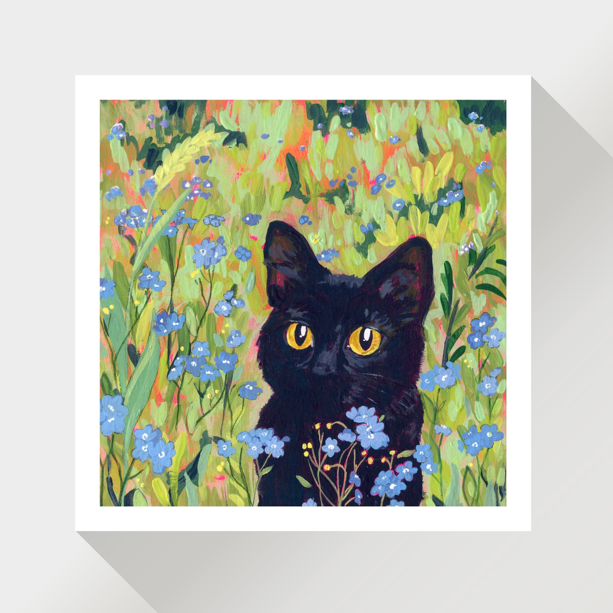 Black Cat in Forget-Me-Not Field