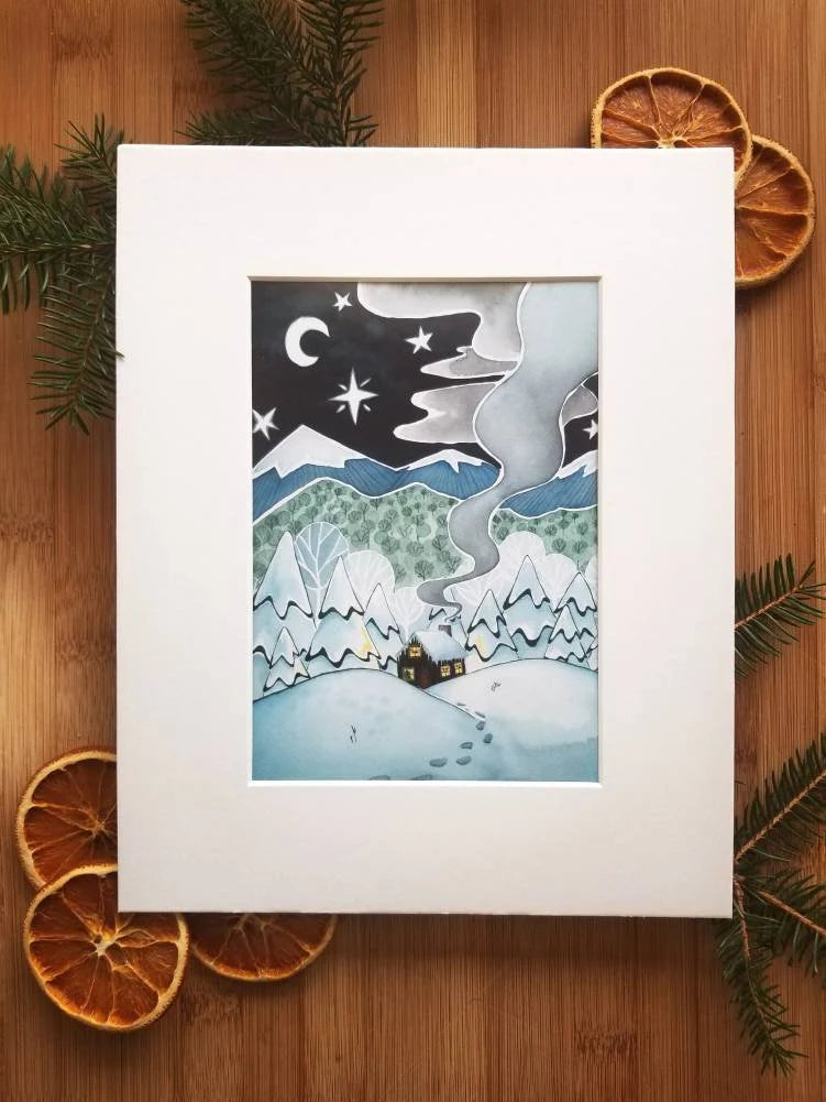 Print of Holiday Cabin in the snow at night