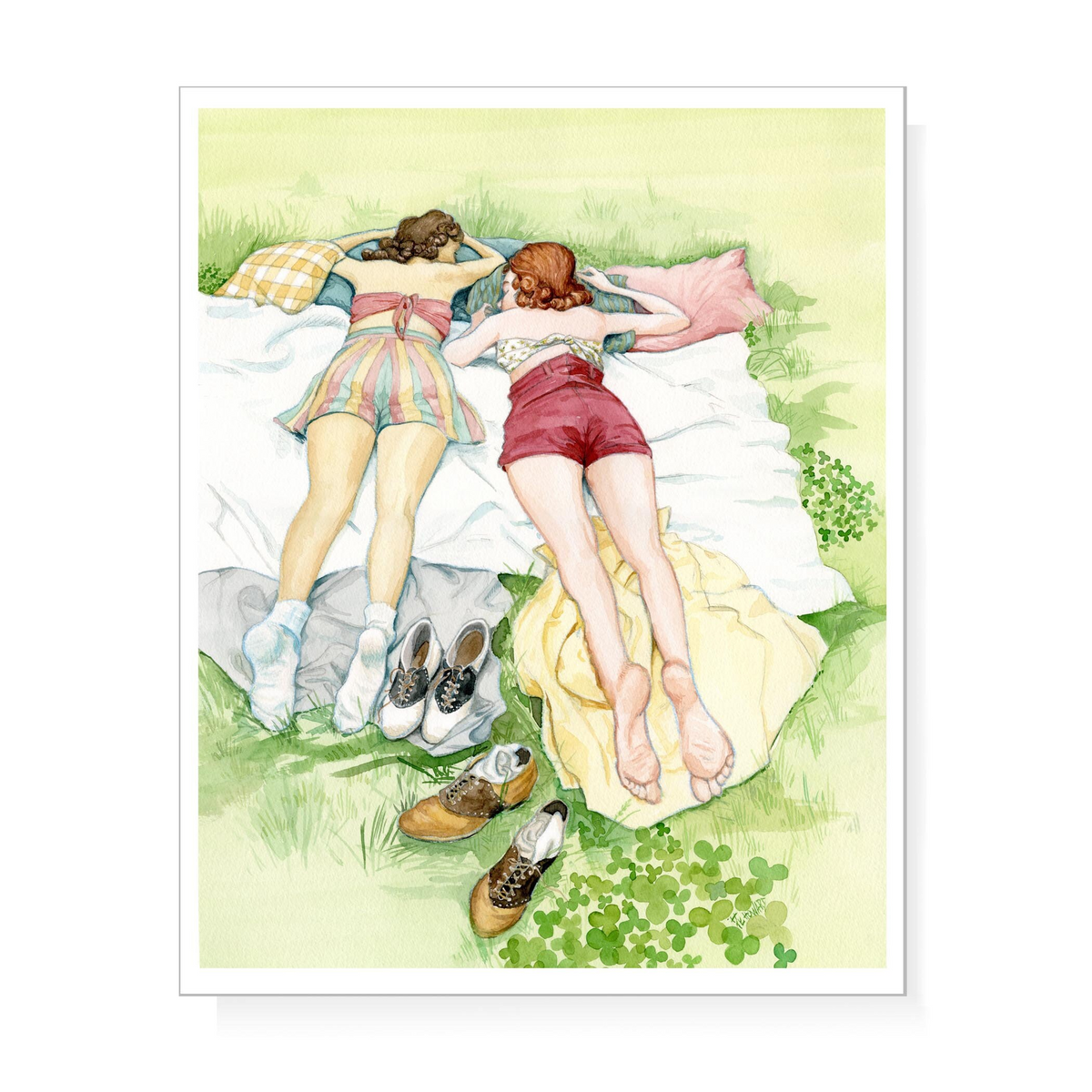 Sun bathing ladies in vintage clothing saddle shoes and clover