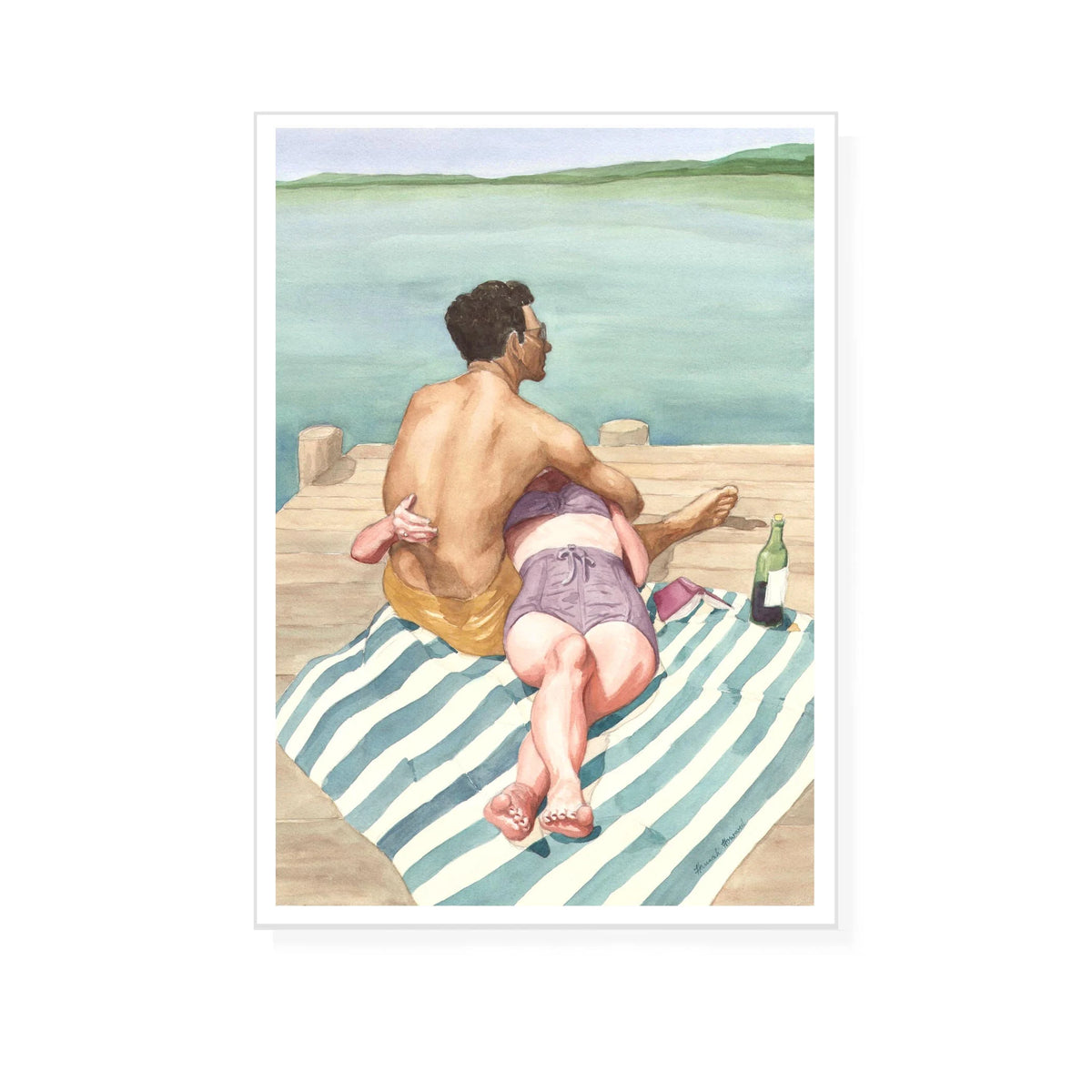 Lovers at the Lake on a dock in vintage style swimsuits reading and picnic with wine