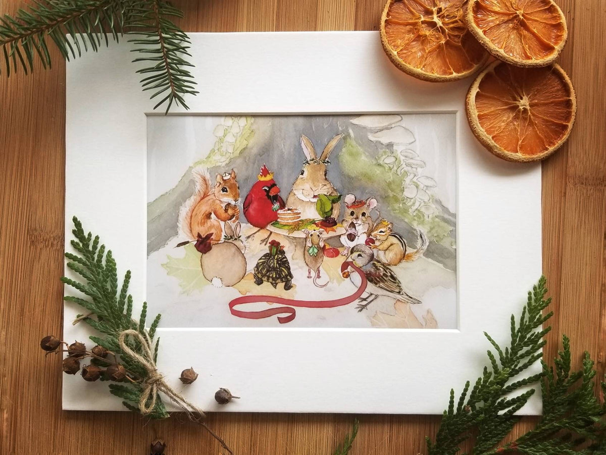 Print of Holiday woodland critter feast for Christmas or birthday celebration- forest animal party