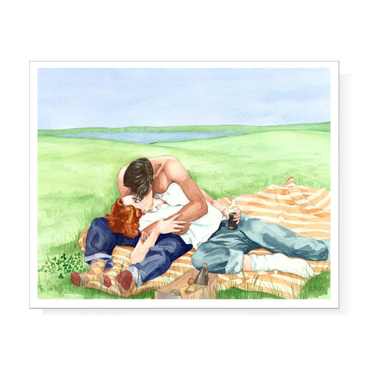 1940s Lovers at the Lake having a picnic kissing on the grass