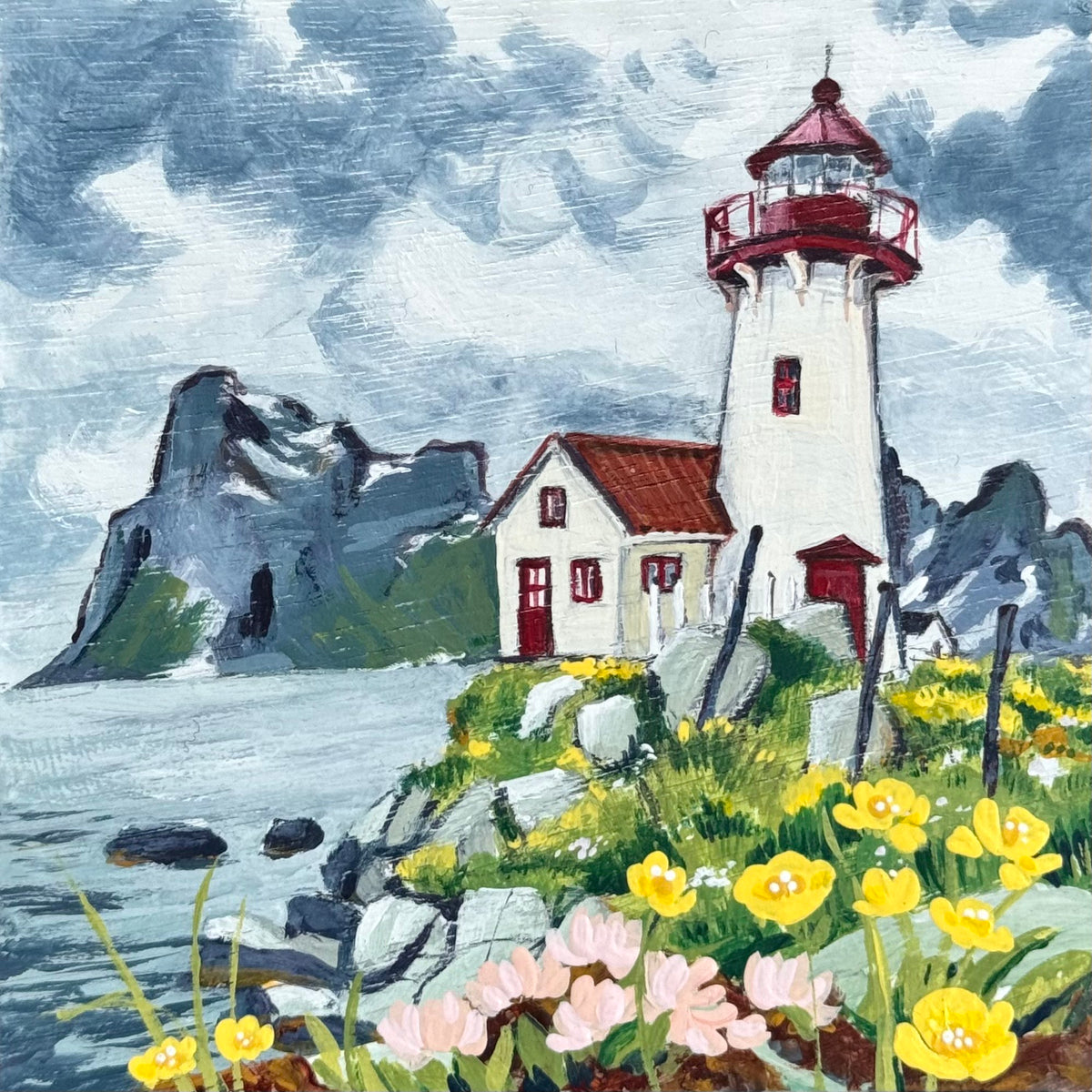 Print of Red and White Lighthouse on a Cloudy Day with Flowers