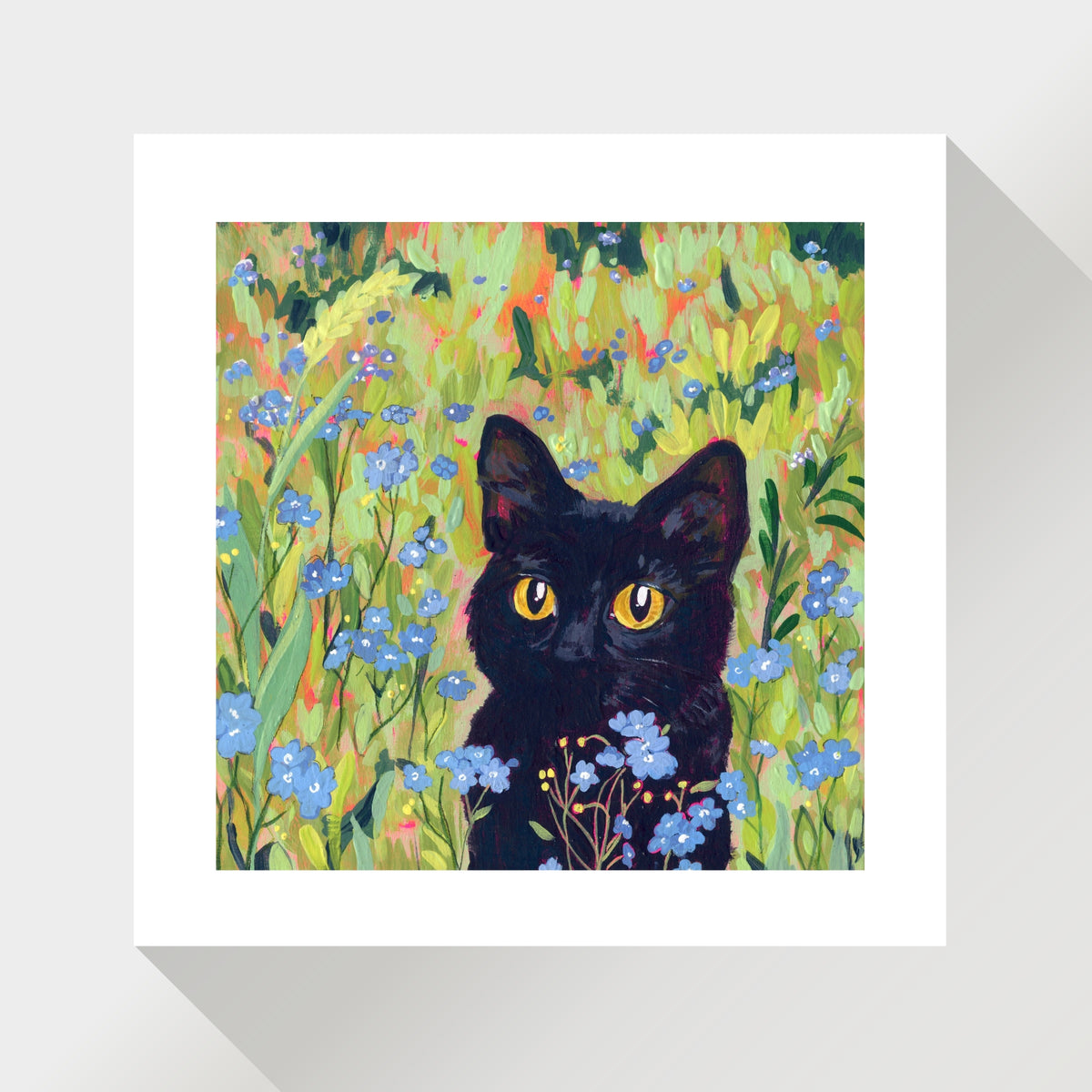 Black Cat in Forget-Me-Not Field