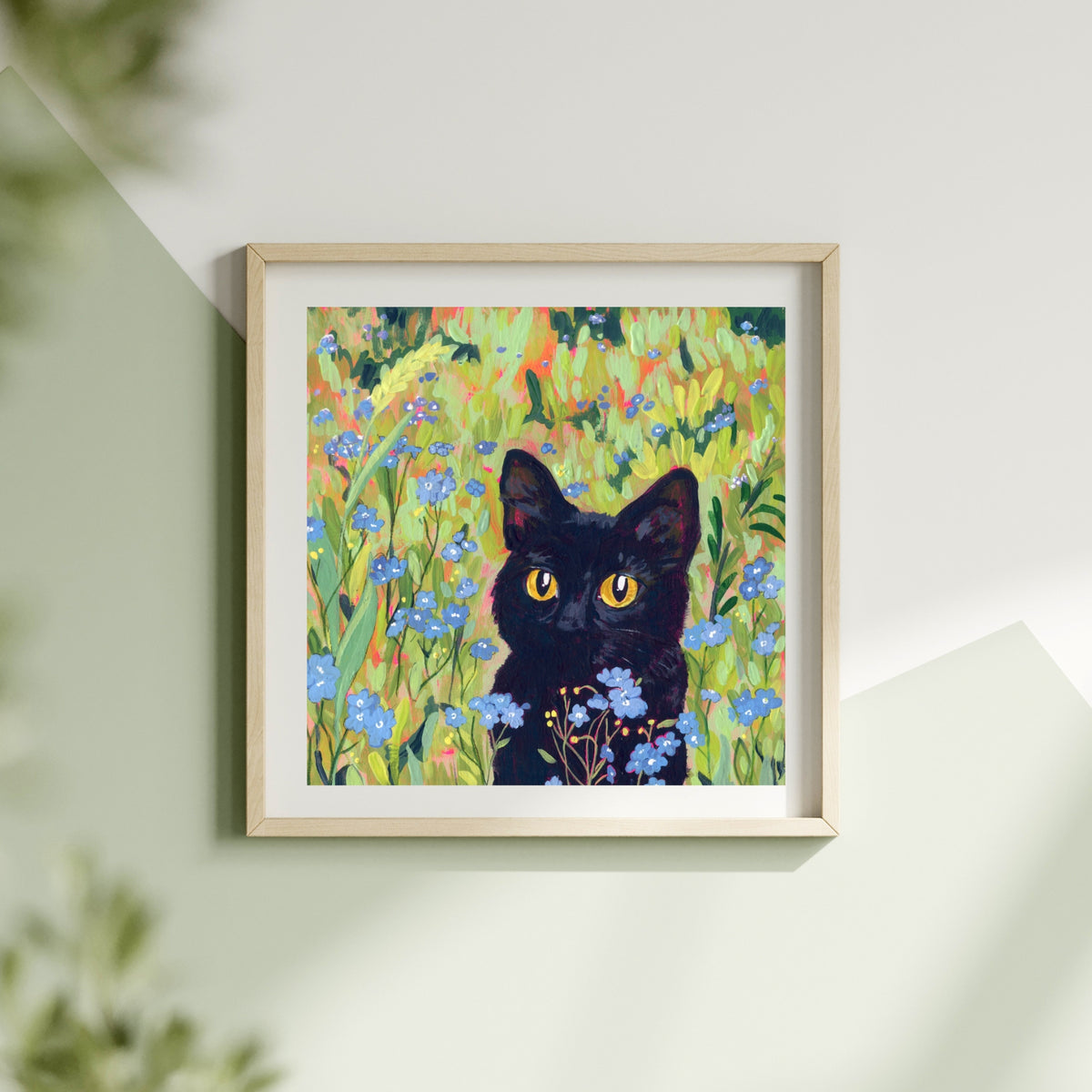 Black Cat in Forget-Me-Not Field