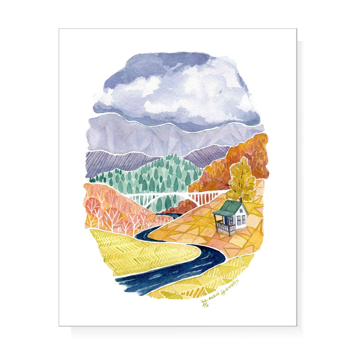 Autumn leaves and quilting season in the mountains with a little white house by a bridge and river