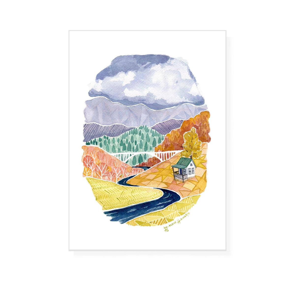 Autumn leaves and quilting season in the mountains with a little white house by a bridge and river