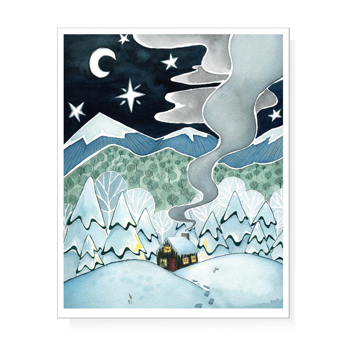 Print of Holiday Cabin in the snow at night