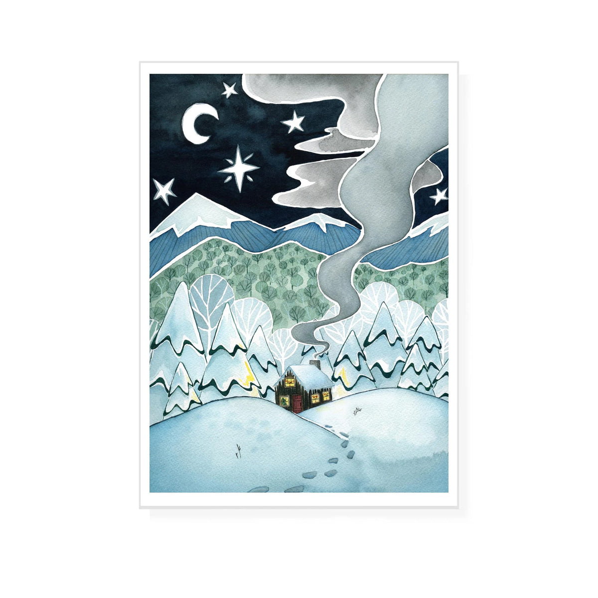 Print of Holiday Cabin in the snow at night