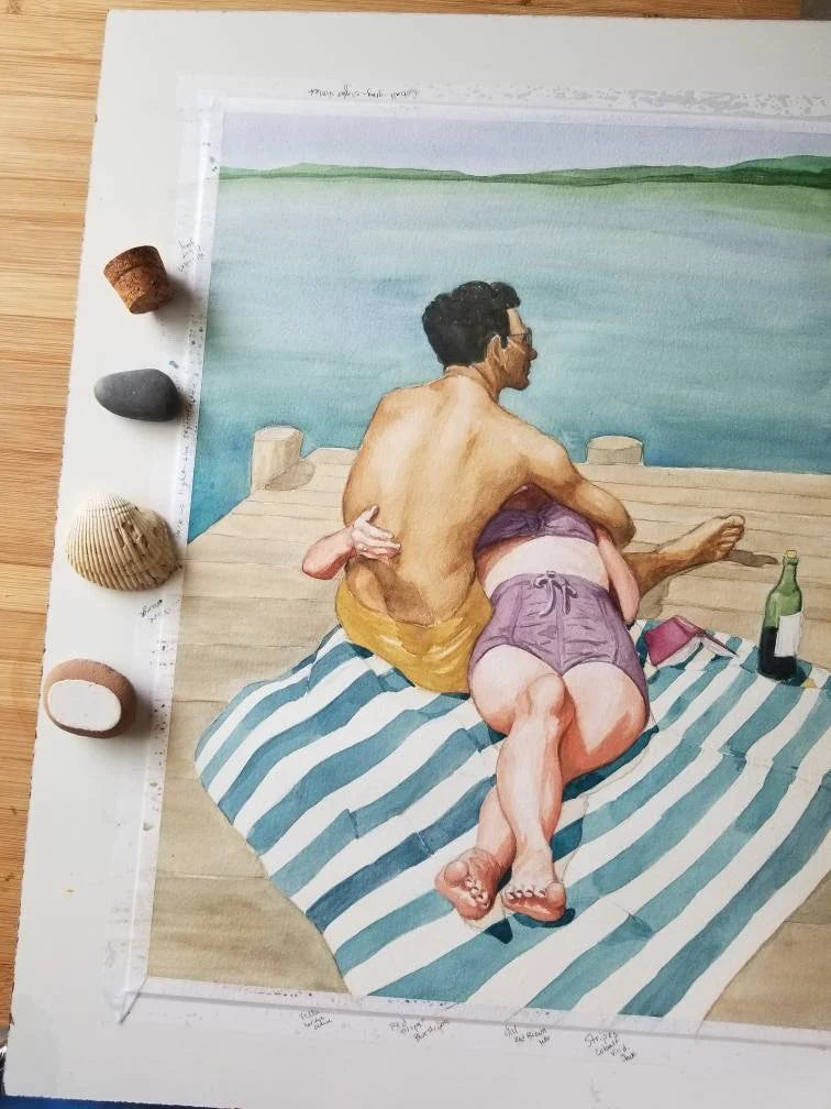 Lovers at the Lake on a dock in vintage style swimsuits reading and picnic with wine