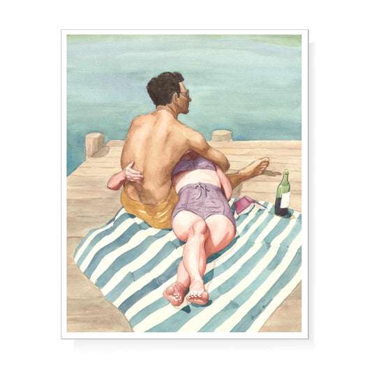 Lovers at the Lake on a dock in vintage style swimsuits reading and picnic with wine