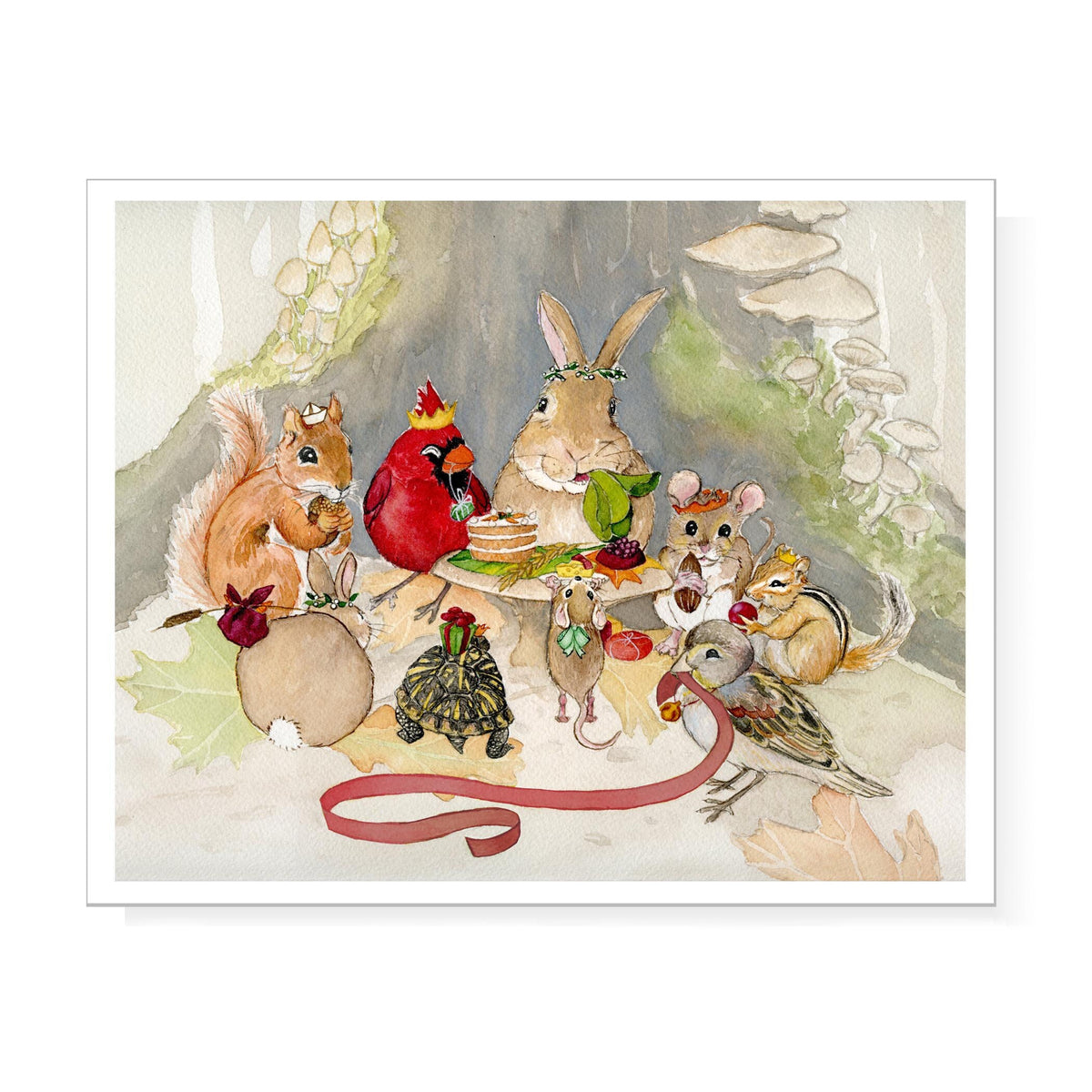 Print of Holiday woodland critter feast for Christmas or birthday celebration- forest animal party