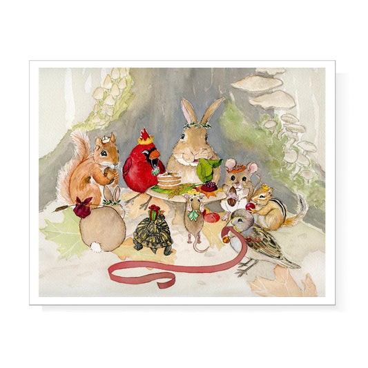 Print of Holiday woodland critter feast for Christmas or birthday celebration- forest animal party