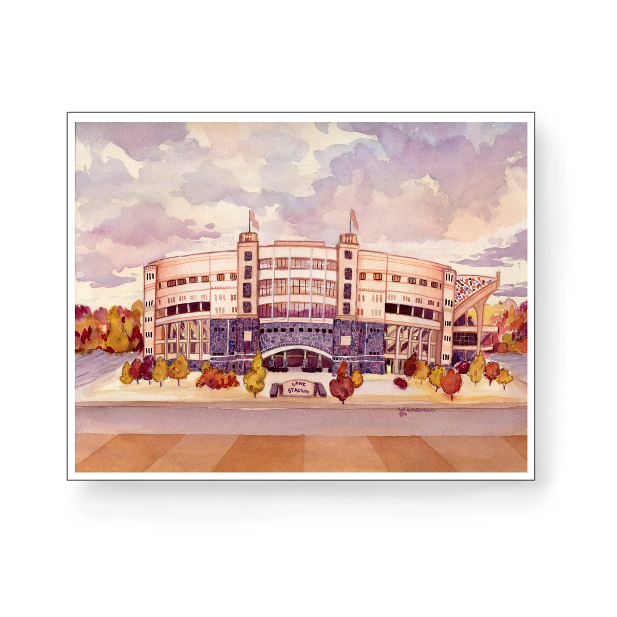 Lane Stadium at Virginia Tech in Maroon and Orange: Print of original watercolor