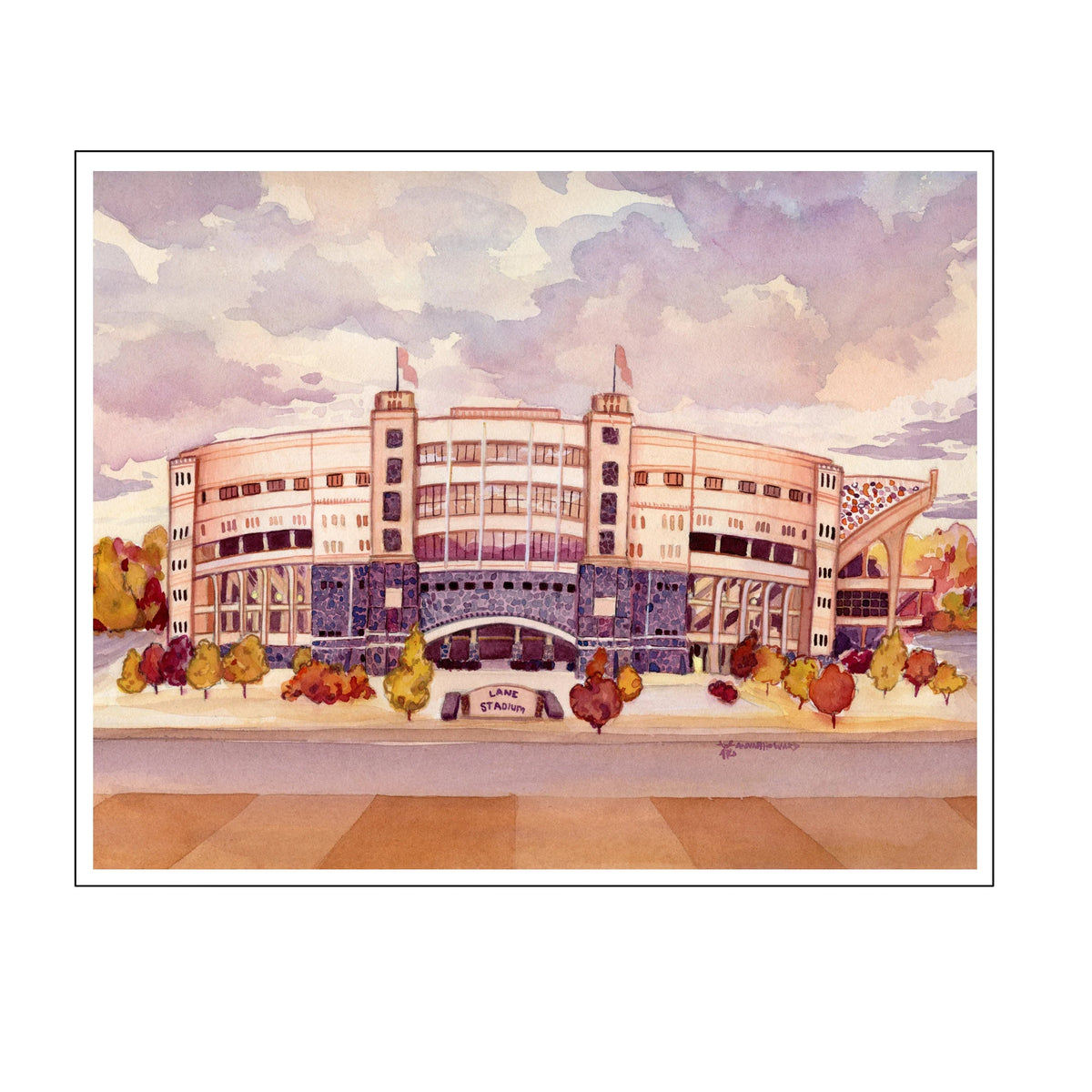 Lane Stadium at Virginia Tech in Maroon and Orange: Print of original watercolor