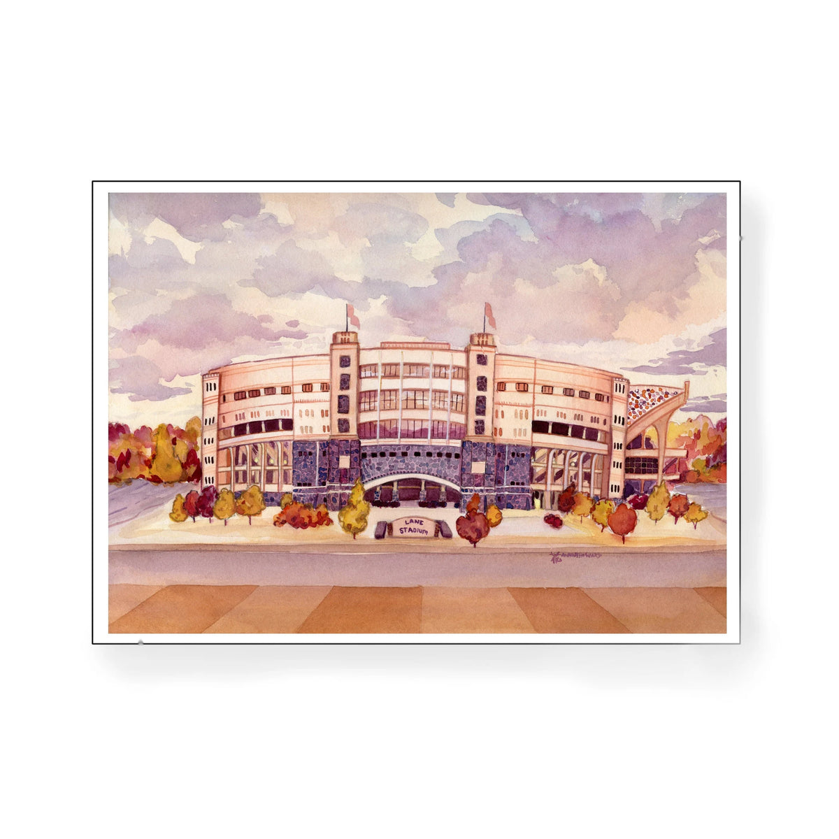 Lane Stadium at Virginia Tech in Maroon and Orange: Print of original watercolor
