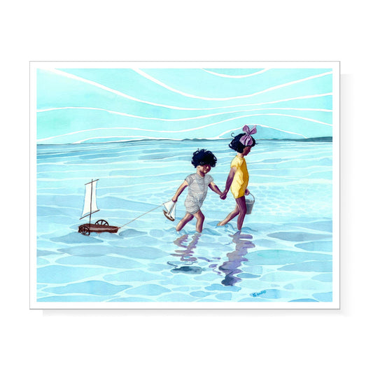 Vintage Style Children walking on the Beach at High Tide Print of Original Watercolor Painting