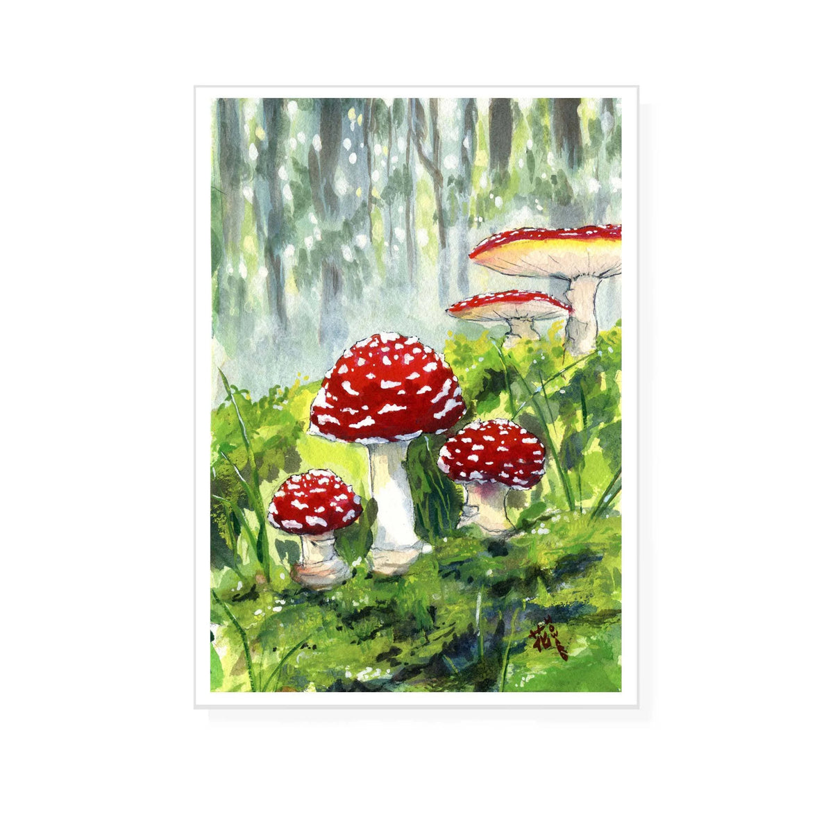 Toad stools Red mushrooms Amanita muscaria  fly agaric gouache painting print