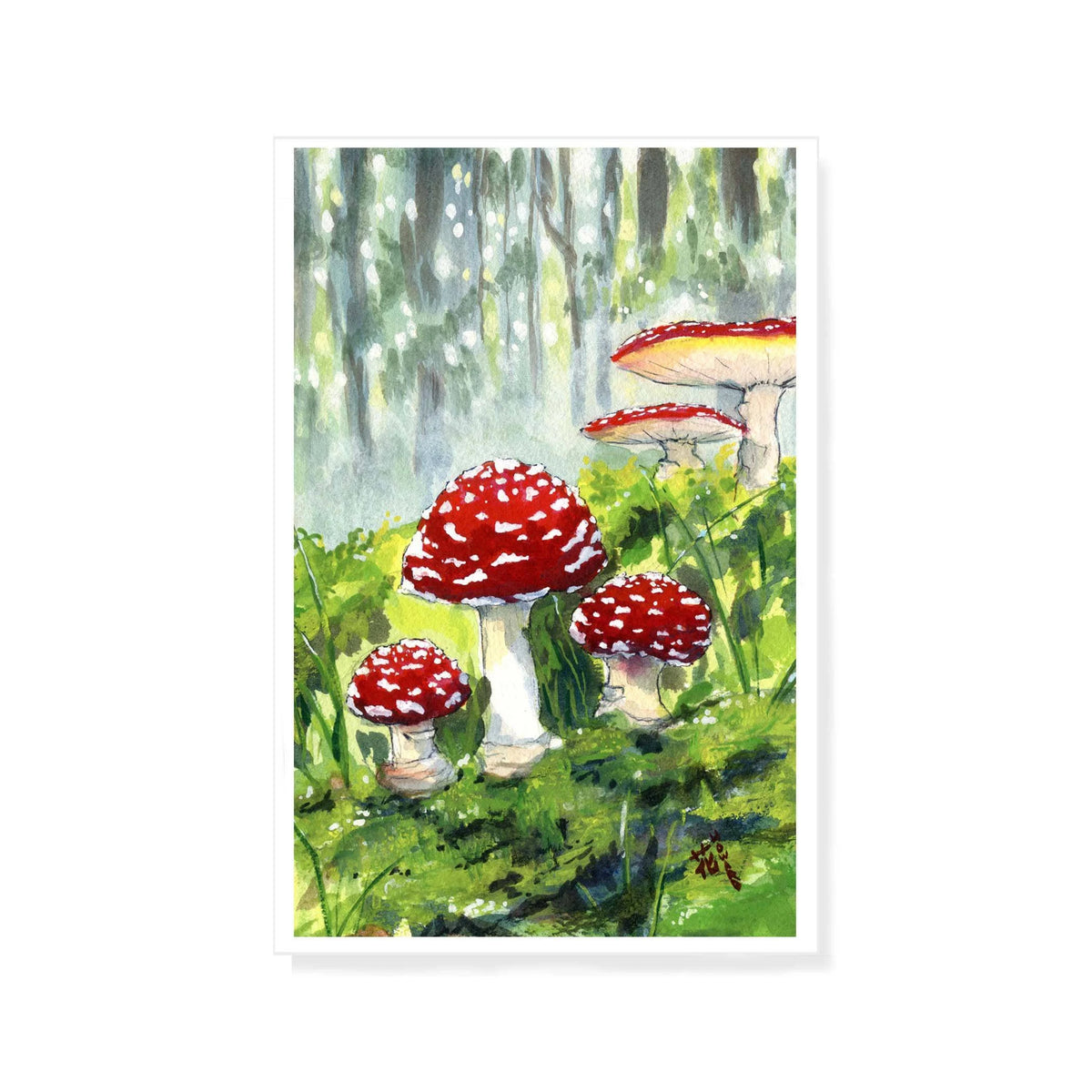Toad stools Red mushrooms Amanita muscaria  fly agaric gouache painting print