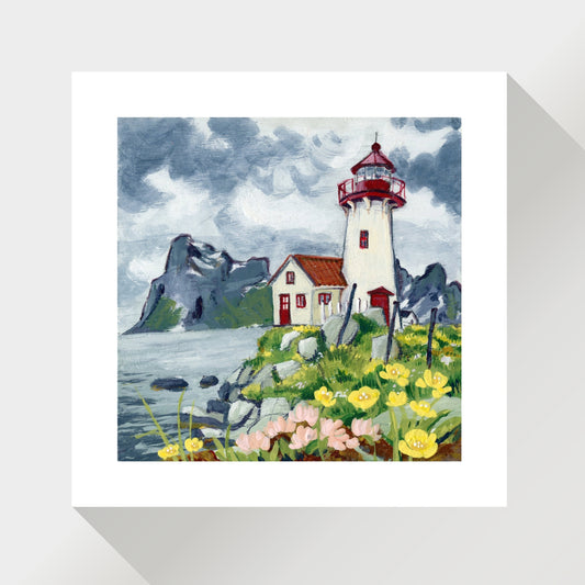 Print of Red and White Lighthouse on a Cloudy Day with Flowers